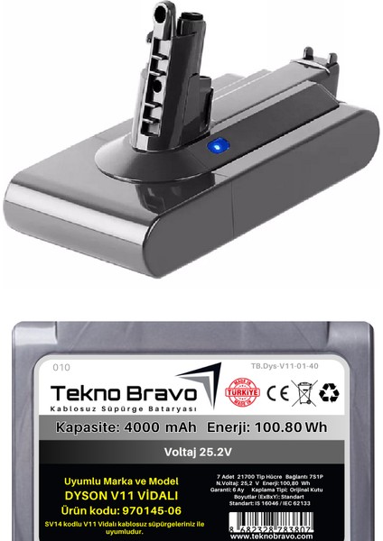 (Dyson V11 Vidalı Uyumlu Ürün Kodu: 970145-06 ) 4000MAH Kablosuz Dikey Süpürge Bataryası