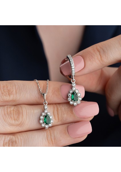 925 Ayar Gümüş Yeşil Damla Taşlı Set