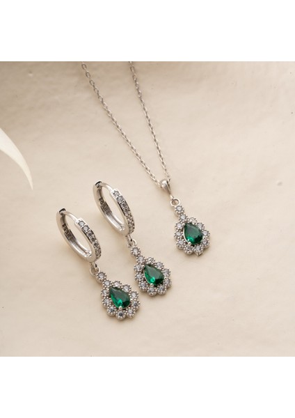 925 Ayar Gümüş Yeşil Damla Taşlı Set fiyatları