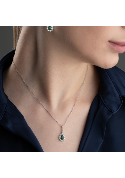 925 Ayar Gümüş Yeşil Damla Taşlı Set modelleri