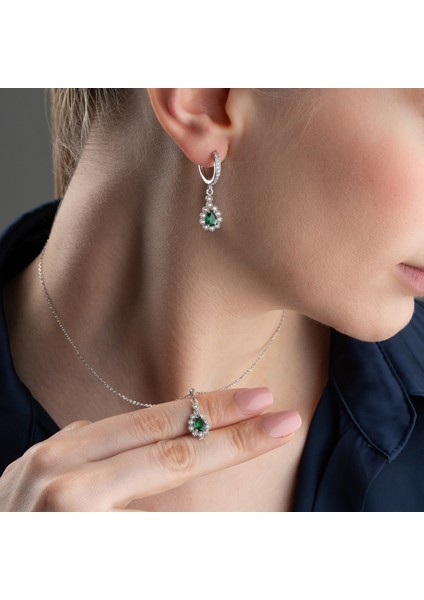 925 Ayar Gümüş Yeşil Damla Taşlı Set fırsatları