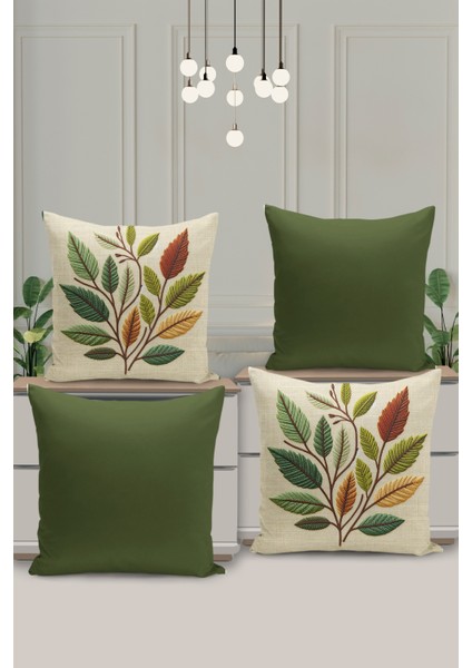 4 Lü Çift Taraflı Dijital Baskı Kırlent Kılıfı Nakış Görünümlü Yaprak Desenli