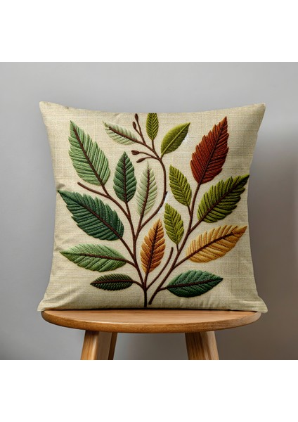 4 Lü Çift Taraflı Dijital Baskı Kırlent Kılıfı Nakış Görünümlü Yaprak Desenli fırsatları