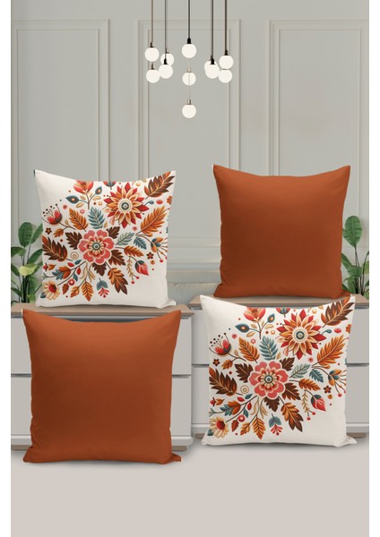 4 Lü Çift Taraflı Dijital Baskı Kırlent Kılıfı Nakış Görünümlü Çiçek Desenli