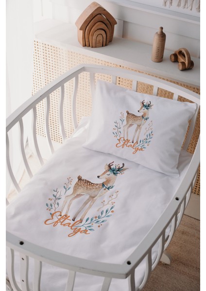%100 Pamuk Saten Isme Özel Isimli Anne Yanı Beşik Nevresim Takımı Geyik