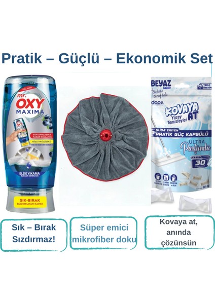 Mr. Oxy Maxima 500 ml Bulaşık Deterjanı + Kovaya At 15 Adet Yüzey Temizleyici + Mikrofiber Mop