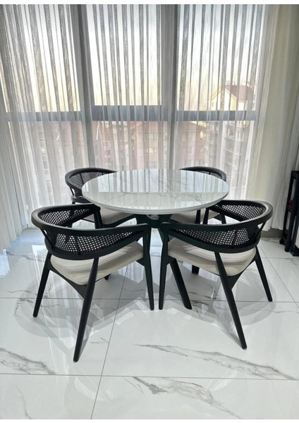 Yuvarlak Ahşap Masa Takımı Bohem 4 Kişilik Mutfak Masa Sandalye Takımı Iskandinav