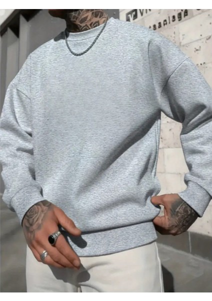Erkek Düz Siyah Baskısız Bisiklet Yaka Oversize Sweatshirt Sweat Erkek Spor Gym Fitness Sweatshirt