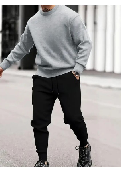 Erkek Düz Siyah Baskısız Bisiklet Yaka Oversize Sweatshirt Sweat Erkek Spor Gym Fitness Sweatshirt fiyatları