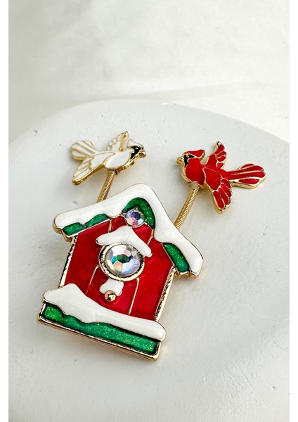Yılbaşı Özel Kış Temalı Kuş Detay Tasarım Ev Broş (7cm)