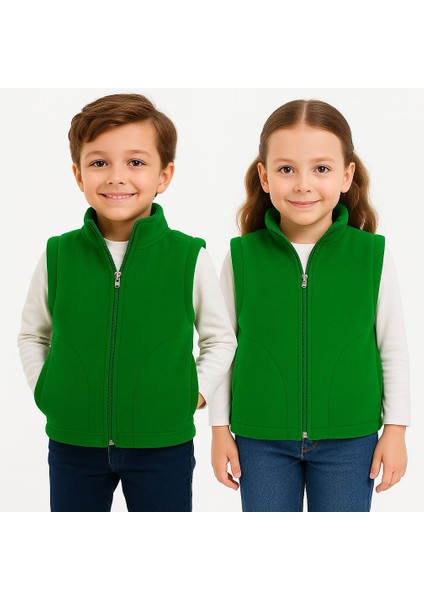 Kolsuz Fermuarlı Astarlı Çift Cepli Dik Yaka Çocuk Yelek