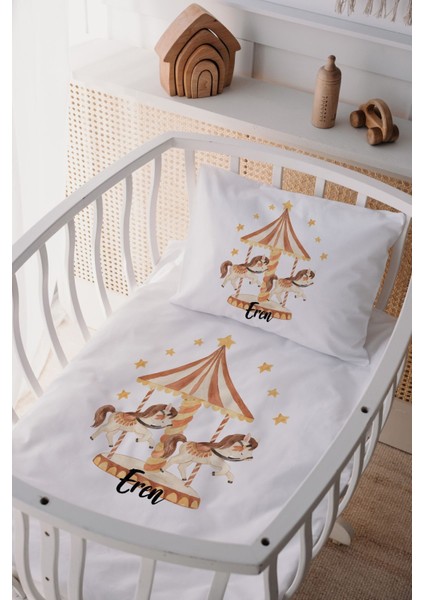 %100 Pamuk Saten Isme Özel Isimli Anne Yanı Beşik Nevresim Takımı Atlıkarınca