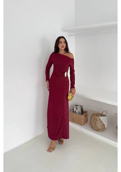 Kadın Tek Omuz Uzun Kollu Tokalı Maxi Elbise NBK4361