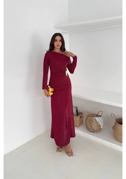 Kadın Tek Omuz Uzun Kollu Tokalı Maxi Elbise NBK4361 modelleri