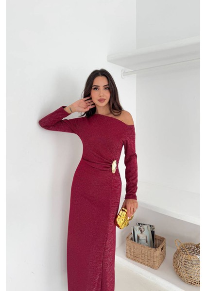 Kadın Tek Omuz Uzun Kollu Tokalı Maxi Elbise NBK4361 fırsatları