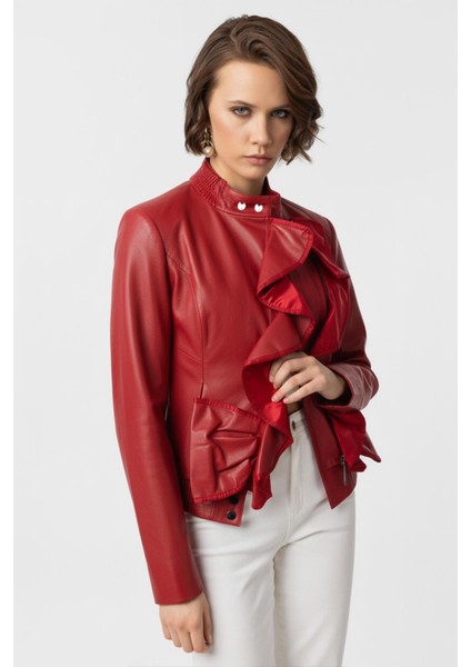 Kırmızı Farah Yandan Fermuarlı Fırfır Detaylı Astarlı Kadın Hakiki Deri Mont