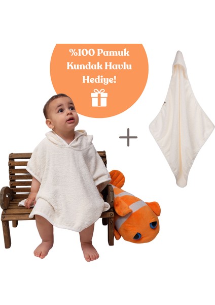Organik %100 Pamuk Kapüşonlu Plaj Çocuk Bebek Panço Bornoz Banyo Havlu + Kundak Havlu Hediyeli