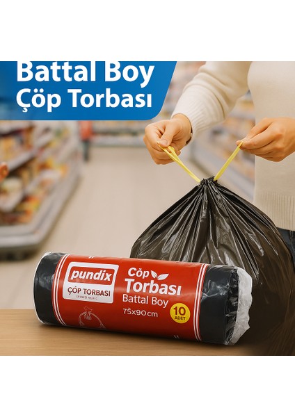 Pundıx Battal Boy Çöp Torbası 75X90 cm (10’lu Rulo – Opp Ambalajlı – Toplam 3 Kg) | Dayanıklı, Sızdırmaz ve Geniş Hacimli Çöp Poşeti