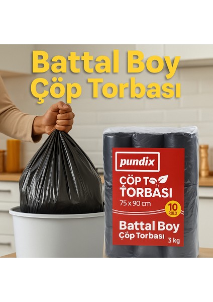 Pundıx Battal Boy Çöp Torbası 75X90 cm (10’lu Rulo – Opp Ambalajlı – Toplam 3 Kg) | Dayanıklı, Sızdırmaz ve Geniş Hacimli Çöp Poşeti