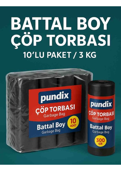 Pundıx Battal Boy Çöp Torbası 75X90 cm (10’lu Rulo – Opp Ambalajlı – Toplam 3 Kg) | Dayanıklı, Sızdırmaz ve Geniş Hacimli Çöp Poşeti
