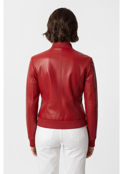 Kırmızı Farah Yandan Fermuarlı Fırfır Detaylı Astarlı Kadın Hakiki Deri Mont fiyatları