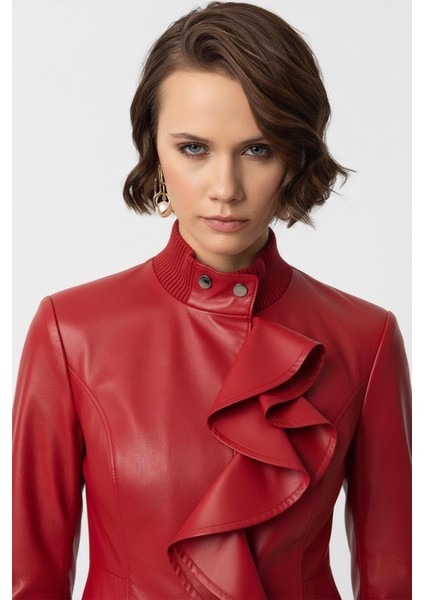 Kırmızı Farah Yandan Fermuarlı Fırfır Detaylı Astarlı Kadın Hakiki Deri Mont modelleri