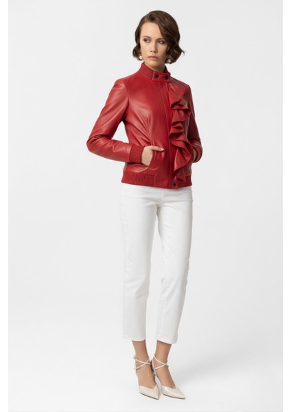 Kırmızı Farah Yandan Fermuarlı Fırfır Detaylı Astarlı Kadın Hakiki Deri Mont fırsatları