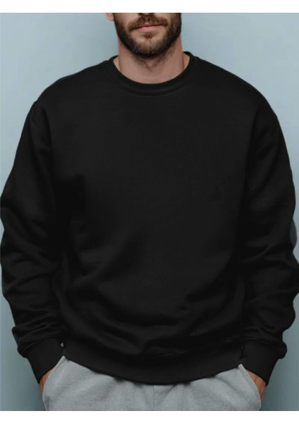 Erkek Düz Siyah Baskısız Bisiklet Yaka Oversize Sweatshirt Sweat Erkek Spor Gym Fitness Sweatshirt