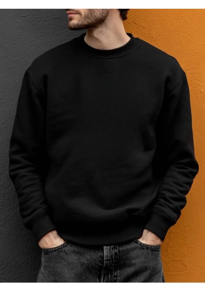 Erkek Düz Siyah Baskısız Bisiklet Yaka Oversize Sweatshirt Sweat Erkek Spor Gym Fitness Sweatshirt modelleri