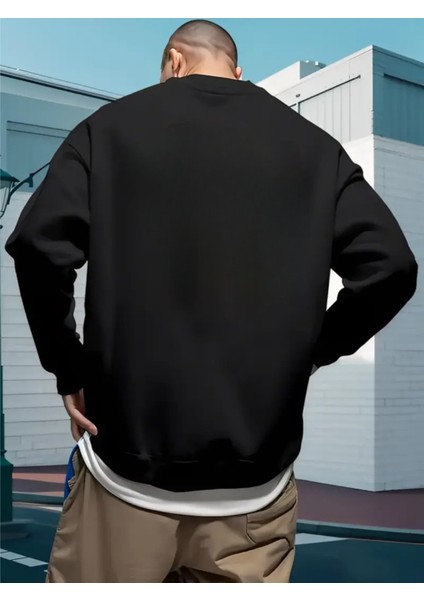 Erkek Düz Siyah Baskısız Bisiklet Yaka Oversize Sweatshirt Sweat Erkek Spor Gym Fitness Sweatshirt fırsatları