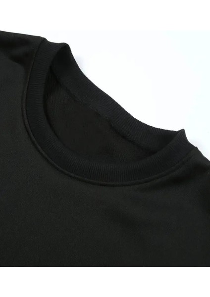 Erkek Düz Siyah Baskısız Bisiklet Yaka Oversize Sweatshirt Sweat Erkek Spor Gym Fitness Sweatshirt