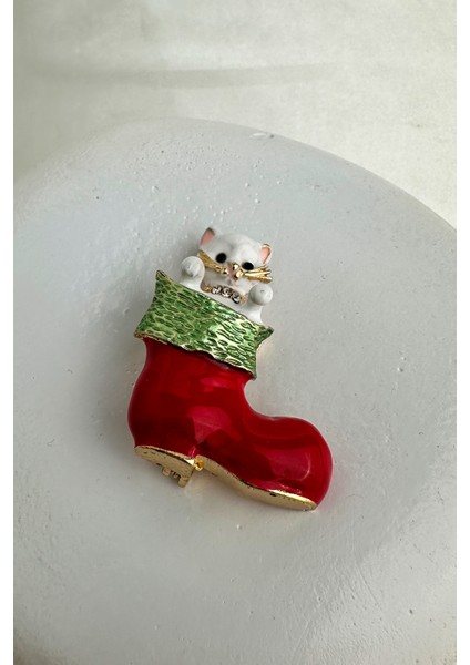 Yılbaşı Özel Kedi Detay Kırmızı Mineli Noel Çorap Broş (4cm)