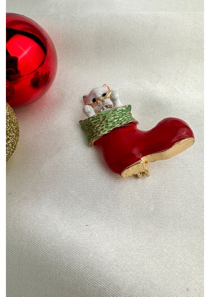 Yılbaşı Özel Kedi Detay Kırmızı Mineli Noel Çorap Broş (4cm) indirimleri