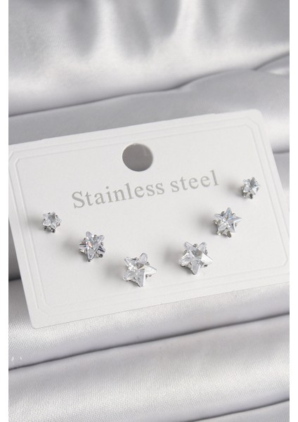 Bfs 316L Çelik Gümüş Renk Zirkon Taşlı Yıldız Model Kadın Küpe Seti