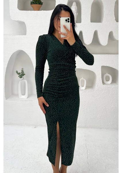 Kadın Kruvaze Yaka Yırtmaçlı Midi Boy Elbise NBMY3837