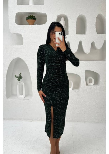 Kadın Kruvaze Yaka Yırtmaçlı Midi Boy Elbise NBMY3837 fiyatları