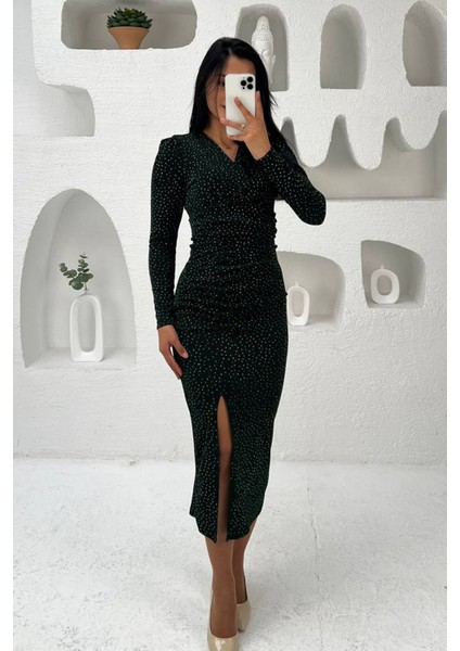 Kadın Kruvaze Yaka Yırtmaçlı Midi Boy Elbise NBMY3837 modelleri