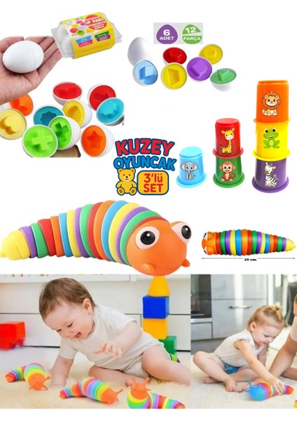 3’lü Eğitici Oyuncak Seti | Geometrik Yumurtalar + Sevimli Bardaklar + Renkli Sök Tak Tırtıl