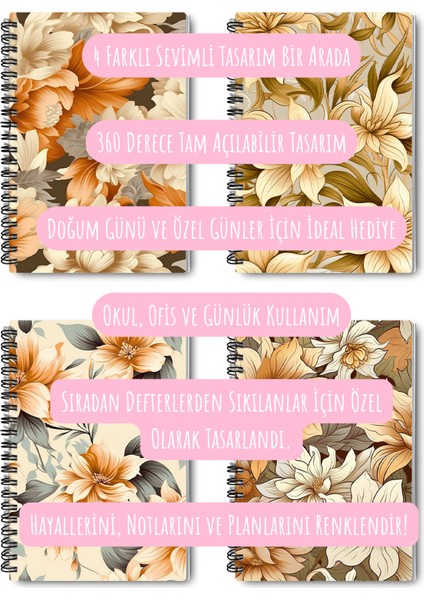 Bej Çiçekler No:2 Tasarım Tel Spiralli 4'lü Hatıra, Günlük, Ajanda, Anı, Okul Defter Seti
