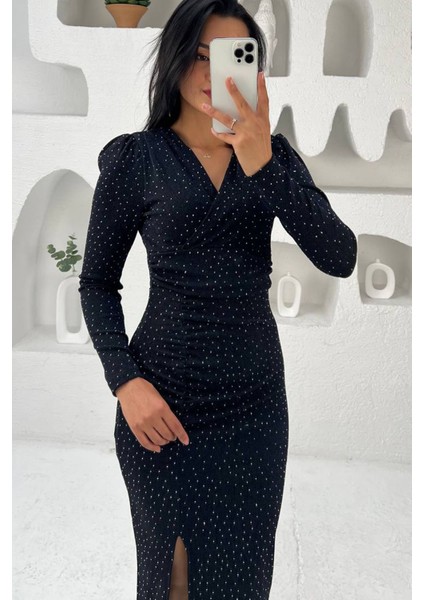 Kadın Kruvaze Yaka Yırtmaçlı Midi Boy Elbise NBMY3837 fiyatları