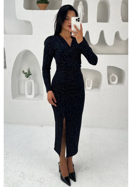 Kadın Kruvaze Yaka Yırtmaçlı Midi Boy Elbise NBMY3837 modelleri