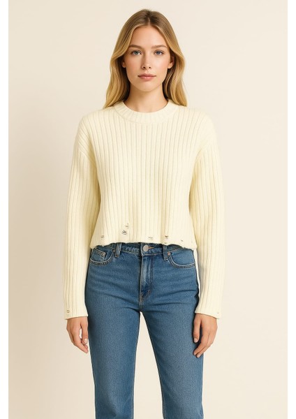 Fitilli Bisiklet Yaka Yırtık Detaylı Kadın Kazak