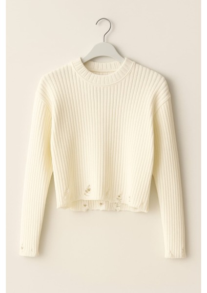 Fitilli Bisiklet Yaka Yırtık Detaylı Kadın Kazak fiyatları