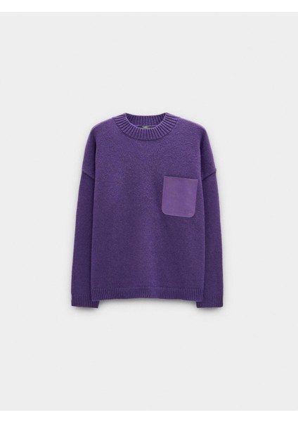 Deri Efektli Cepli Örme Kazak indirimleri