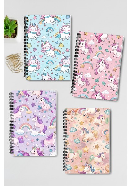 Renkli Unicorn Tasarım Tel Spiralli 4'lü Hatıra, Günlük, Ajanda, Anı, Okul Defter Seti