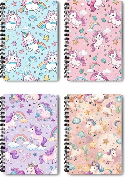 Renkli Unicorn Tasarım Tel Spiralli 4'lü Hatıra, Günlük, Ajanda, Anı, Okul Defter Seti