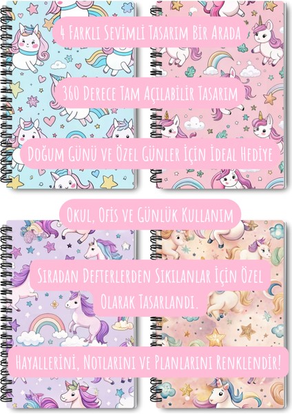 Renkli Unicorn Tasarım Tel Spiralli 4'lü Hatıra, Günlük, Ajanda, Anı, Okul Defter Seti