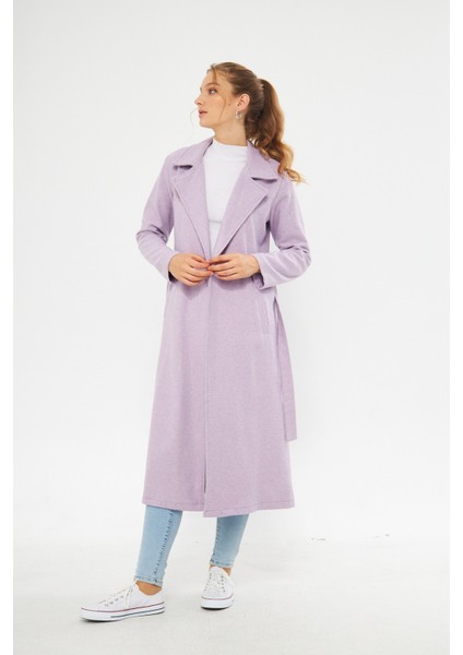 Kadın Astarsız Kuşak Basic Bol Lila Uzun Kaşe Kaban