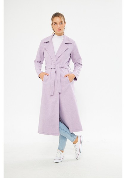 Kadın Astarsız Kuşak Basic Bol Lila Uzun Kaşe Kaban fırsatları