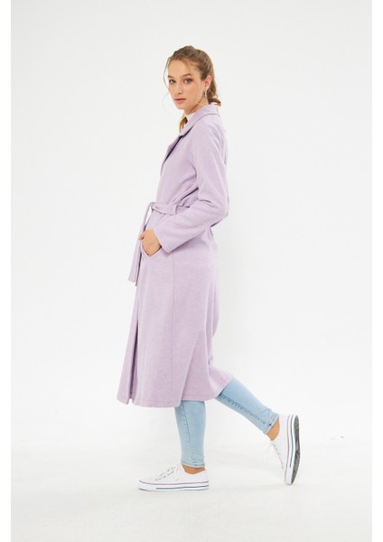 Kadın Astarsız Kuşak Basic Bol Lila Uzun Kaşe Kaban indirimleri